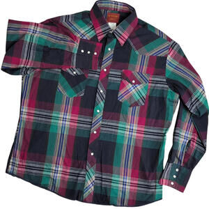 Rustler Shirt Mens XL‎ Multicolor Plaid Pearl Snap Western Cowboy X Long Tails